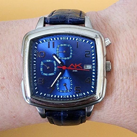 Anne Klein AK Navy Blue Day Date DOW 24-HR Red White Blue Square Face Watch main image 10